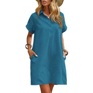 Zeagoo Womens Cotton Shirt Dress Summer Casual Short Sleeve Button Down Beach Cover Up Shirts with Pockets (Large, Blue)