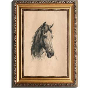 uniro Vintage Gold Framed Wall Art, Farmhouse Decor Horse Etching Sketch Canvas Art Prints Painting, Antique Neutral horse Picture Western Wall Decor, Rustic Animal Farm Drawing Equestrian Wall Art for Bedroom, Gallary, Living Room, Office, Cottagecore decor, Horse Lover Gift - 12x16Inch
