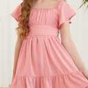 DOKOTOO KIDS Girls Elegant Ruffle Short Sleeve Back Tie Dresses 6-13 Years Old (Pink)