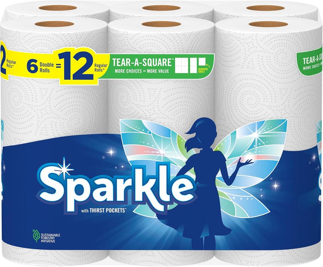 Sparkle Tear-A-Square Paper Towels, 6 Double Rolls : 12 Regular Rolls (3 Packs of 2)