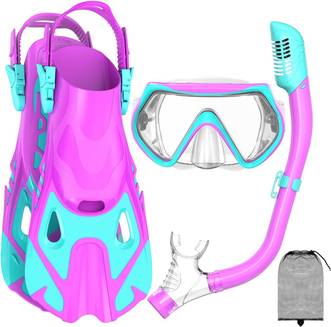 Snorkeling Gear for Kids, Kid Mask Fins Dry Top Snorkel Set, Youth Boys Girls Junior Age 6-14 Swimming Diving Swim Fins, Tempered Glass Panoramic View Travel Packages (Purple+Blue)