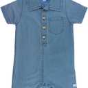 RUGGEDBUTTS Baby Boys Woven Short Sleeve Button-Up Romper (Blue, XS)