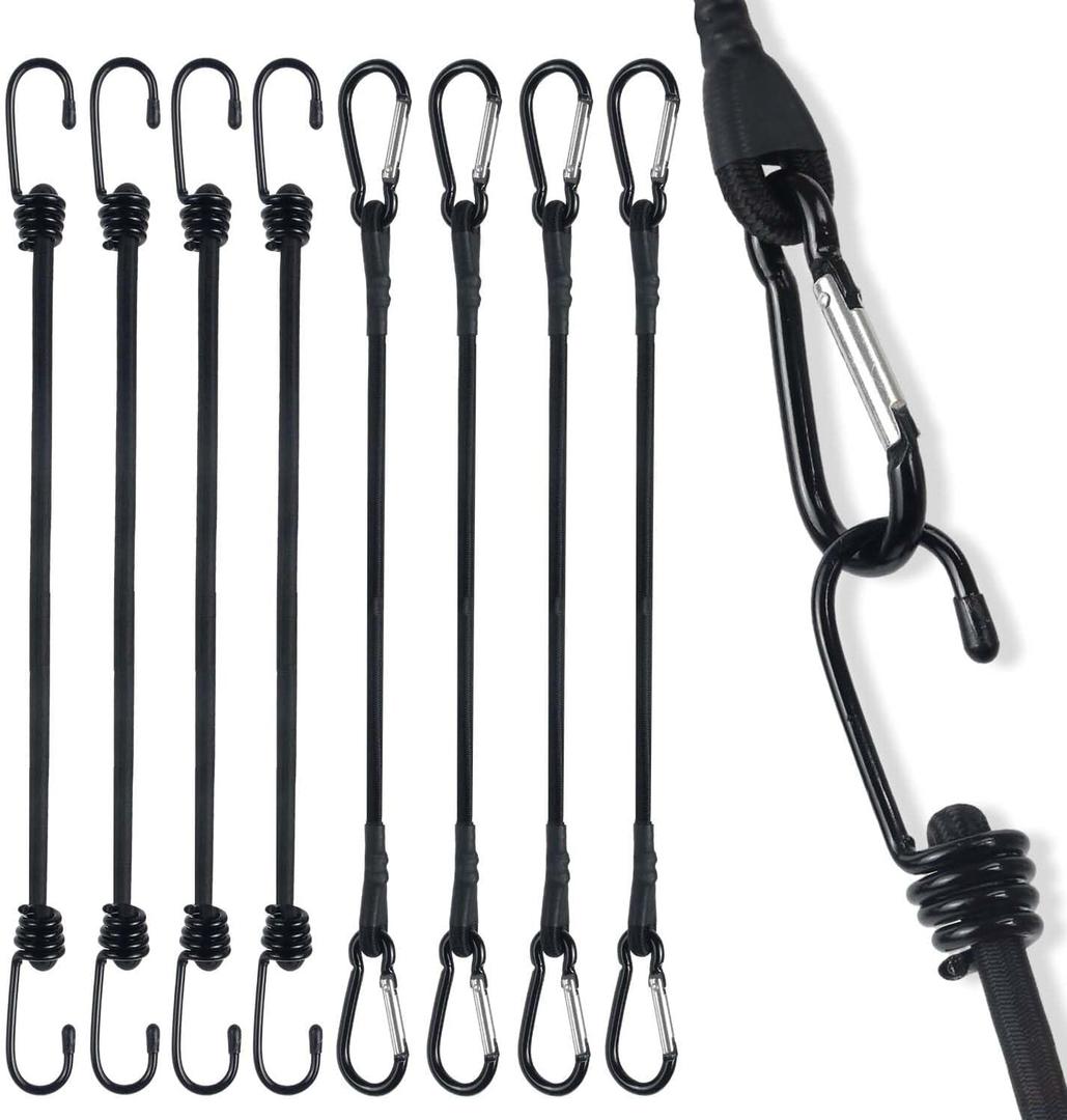 8-Pack Bungee Cords with Hooks & Carabiners - 24 Inch Bungee Rope (4 Hooks + 4 Carabiner Clips) - Heavy Duty Elastic Stretch Cords for Kayaking, Camping, Truck, Tarp, Gear Tie Down - Black
