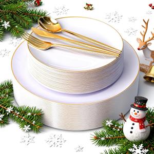 I00000 150PCS White and Gold Plastic Plates with Disposable Silverware for 30 Guests,White Plastic Plates Set Include 30 Dinner Plate,30 Dessert Plate,90 Gold Cutlery for Wedding & Party