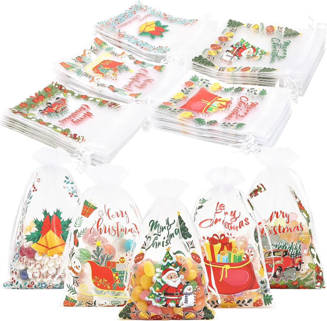 GoClimber 50 Pack Christmas Organza Bags, 4x6 inch Mesh Drawstring Small Gift Bags, Christmas Goodie Candy Bags for Holiday Party Favors Decoration