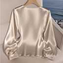 RoseSeek Women's Elegant Satin Tops Ruched Front Long Sleeve Shirts Dressy Blouses Fall Outfits (White, M)