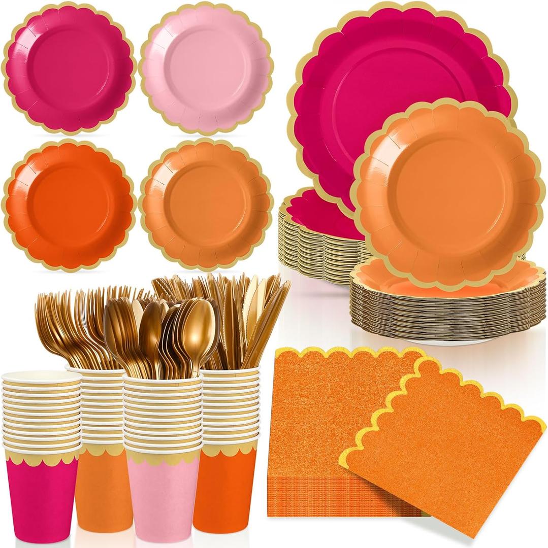 Mimorou 169 Pcs Pink and Orange Plates and Napkins Party Supplies for Guests Hot Pink Orange Tableware Include Scalloped Plates Paper Napkin Cup Spoon Fork Knife for Baby Shower, Wedding, Birthday