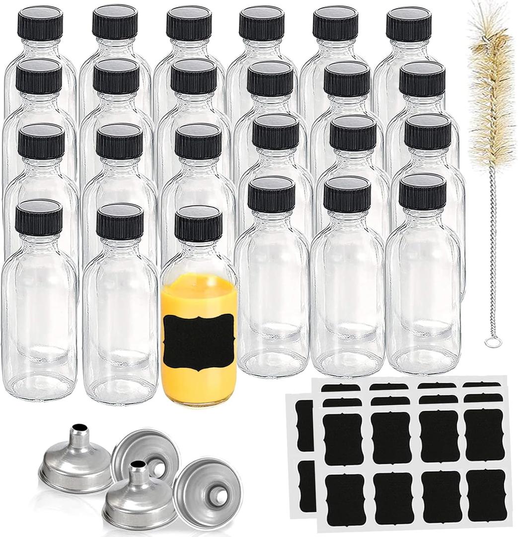 4OZ Shot Bottles with Caps,Small Glass Container,Sample Bottles with Lids and Funnels,for Liquor,Bourbon Whiskey,Juicing,Essential Oils,Hot Sauce,Juices,Reusable,Leak Proof 120ml 24 Pack
