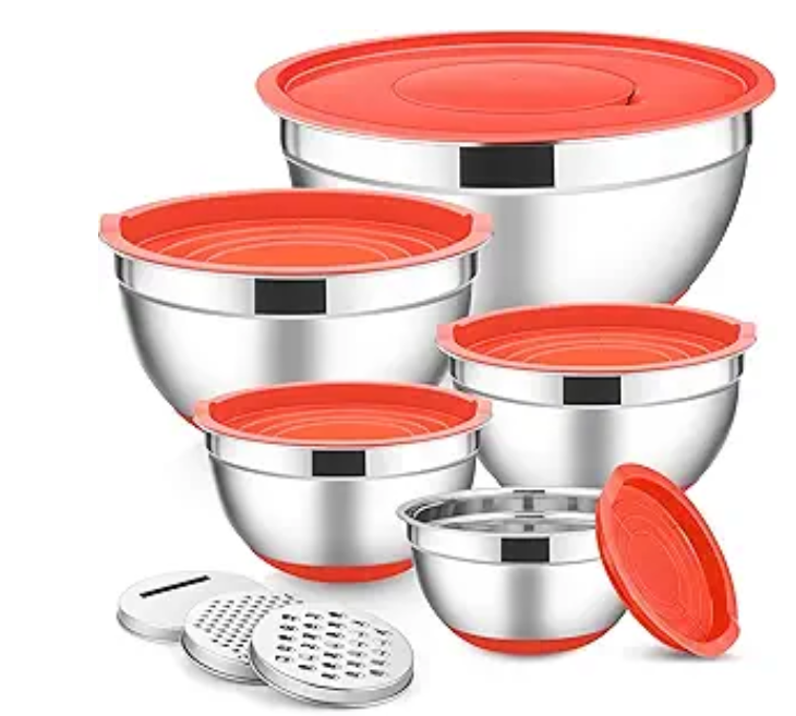 E-far Stainless Steel Mixing Bowls with Lids Set, 5-Piece Nesting Salad Bowls with 3 Grater Attachments and Non-Slip Bottoms, Size 4.6, 2.6, 2, 1.5, 1QT for Kitchen (Red)