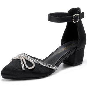 LAURMOSA Girls Sandals Closed Toe High Heels Pointed Toe Ankle Strap Pumps Flower Girl Dressy Shoes in Wedding Party Cute Bowknot Chunky Block Heeled for Little Big Kids, Size 5
