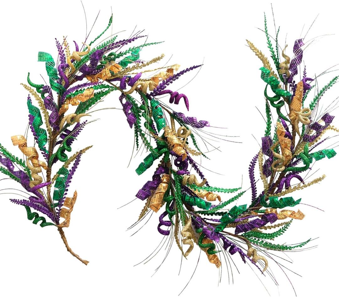 Bibelot 70 Inch Mardi Gras Purple and Green Glitter Garland, Mardi Gras Hanging Party Garland for Front Door Mantle Fireplace Carnival Party Indoor and Outdoor Decor