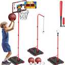 Basketball Hoop for Kids, 4 in 1 Kids Basketball Hoop and T Ball Set with Hanging Baseball Hoop, Toddler Basketball Toys, 2.98-5.8ft Adjustable Basketball Set for Indoor & Outdoor Backyard Sport Game