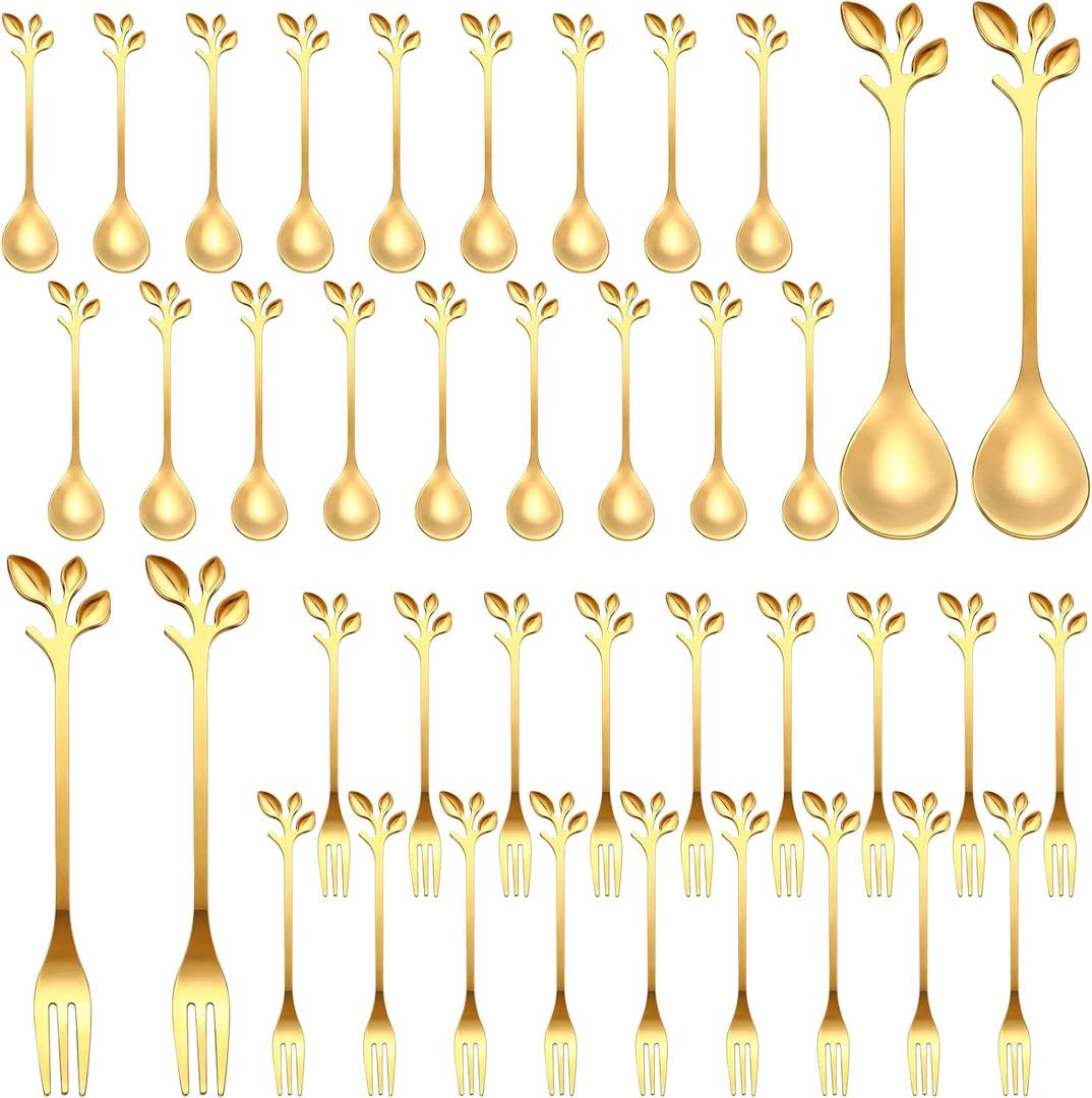 40 Pcs Stainless Steel Leaf Coffee Spoon and Appetizer Fork Tableware Dessert Spoon Silver Mini Dessert Utensils Set Creative Demitasse Forks for Stirring,Fruit,Cake,Coffee,Tea(Gold,40 Pieces)
