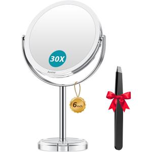 Auxmir 1X/ 30X Magnifying Mirror, Makeup Mirror with Tweezer, Double Sided Round Vanity Tabletop Mirror, 360 Rotation Portable for Dressing Table Desk Bathroom Bedroom Travel, Clear