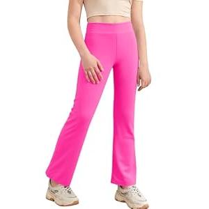 Haloumoning Girls Flare Leggings Kids Casual High Waisted Stretchy Wide Leg Pants Bell Bottoms 5-14 Years Rose Red