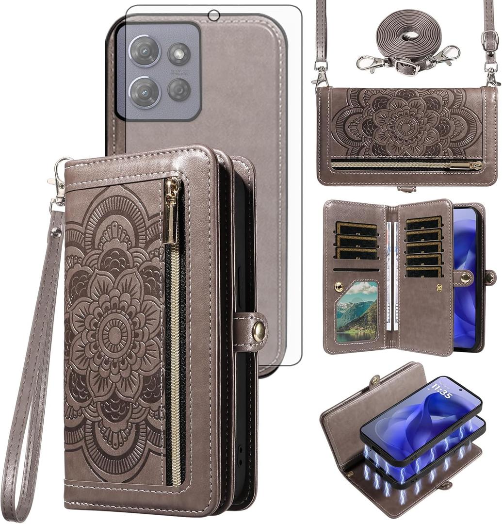 Asuwish Phone Case for Motorola Moto G 5G 2025 Zipper Wallet Detachable Cell Cover with Tempered Glass Screen Protector Crossbody Wrist Strap Mandala Flower Flip Card Holder G5G 5 G G5 Women Men Gray