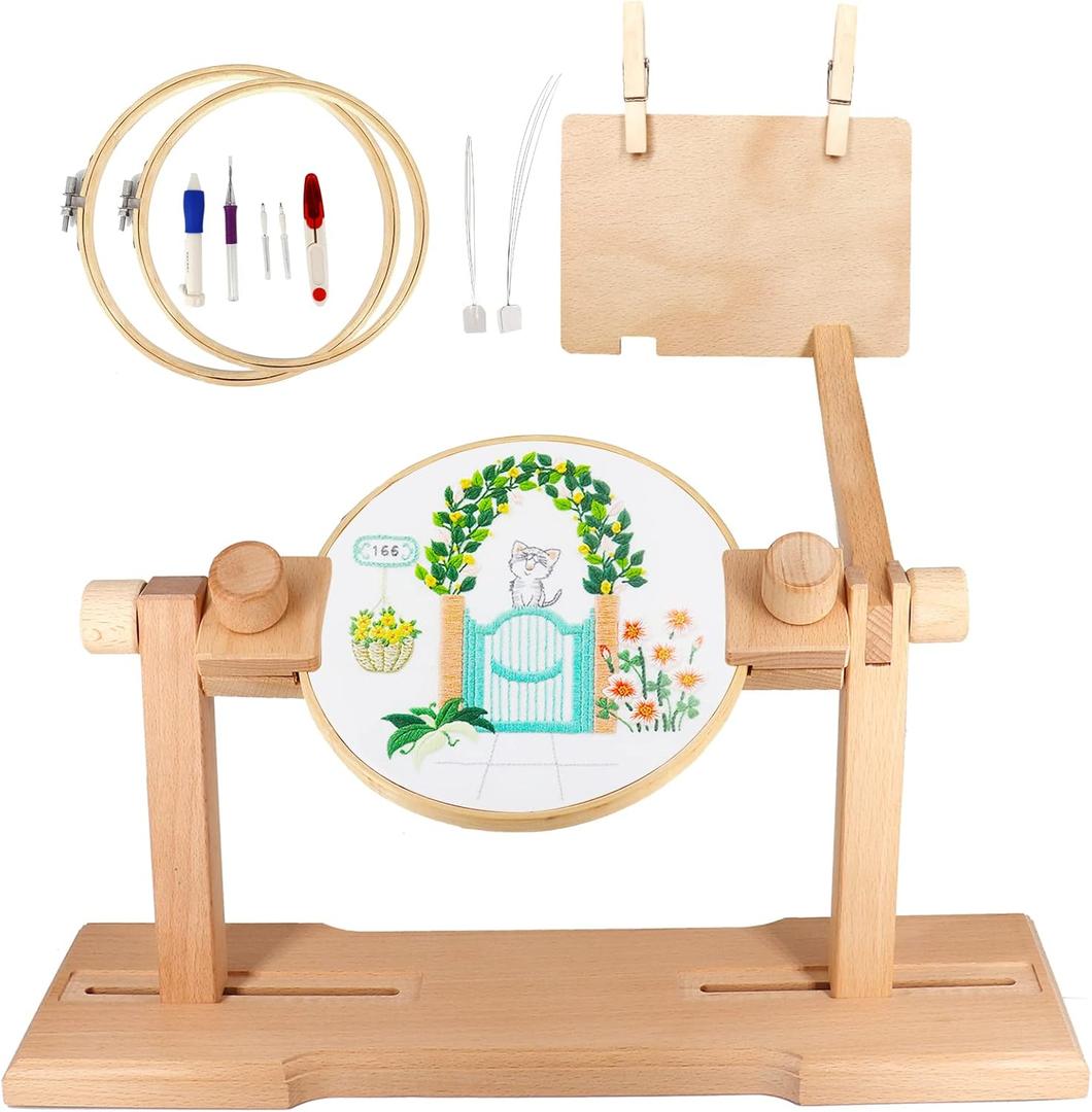 SolidGnik Embroidery Stand, Adjustable Embroidery Hoop Holder, Cross Stitch Stand with Embroidery Kit and 3PCS Embroidery Hoops