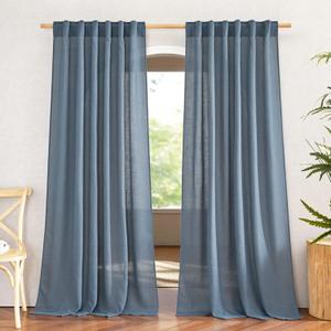 NICETOWN Stone Blue Linen Blend Curtains for Living Room, Rod Pocket & Back Tab Flax Linen Burlap Semi Sheer Privacy with Light Filtering Window Treatments for Bedroom, W52 x L90, 2 Panels