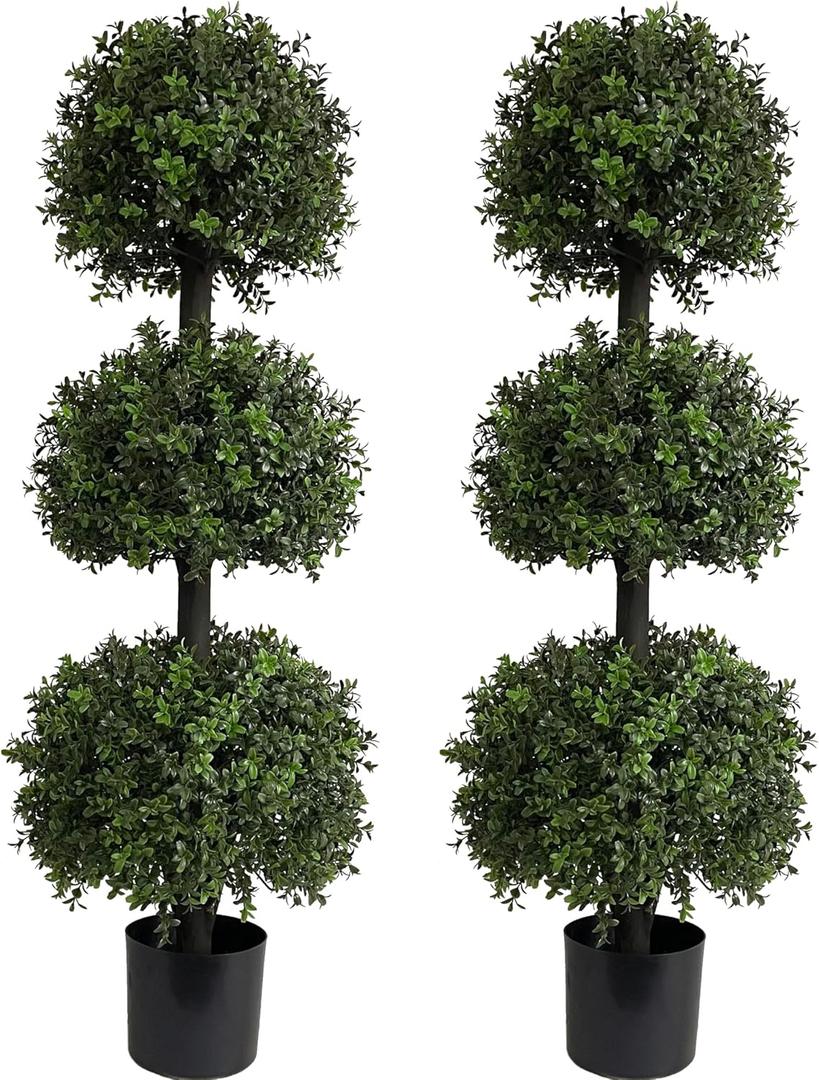 4ft Artificial Outdoor Plants, Triple Ball Boxwood Topiaries,UV Resistant, Faux Trees Outdoor Porch Decor 2Pack (TripleBall-M 2PC)