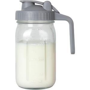 Breast Milk Pitcher, Mason Jar 32 oz, Heavy Duty Wide Mouth Jar with Flip Cap Lid and Pour Spout - Airtight Seal for Freshness and Convenience - Great for Cold Beverages, and Home Entertaining (Gray)