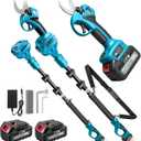 Electric Pruning Shears with Pole 1.4-2.0 Cutting Diameter & 2-IN-1 Electric Pole Pruner,2PCS 21V 3.0Ah Batteries,Brushiless Motor,4 Modes Adjustable Branches Cutter for Flower, Tree Trimming(Blue)