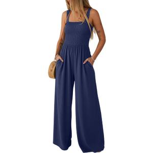 Lepunuo Jumpsuits for Women Casual One Piece Overalls Smocked Wide Leg Long Rompers With Pockets Beach Vacation, A - Navy Blue, X-Large