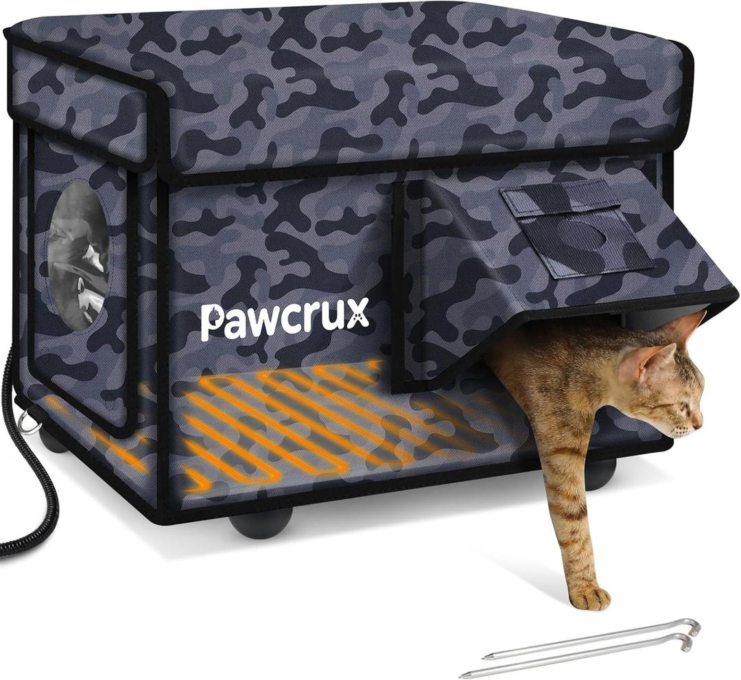 Weatherproof Heated Cat House for Outdoor in Winter, Heated Cat Bed Kitty Shelter with Cat Heating Pad, Insulated & Safe Escape Door, Warm Home for Outside Stray Cat, Camo Black