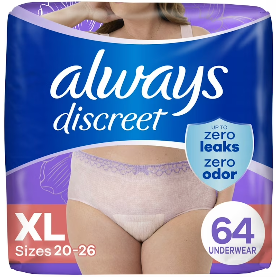 Always Discreet Adult Incontinence Underwear for Women and Postpartum Underwear, Extra Large, Up to 100% Bladder Leak Protection, 2 packs 32Count XL