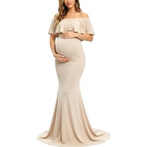 Glampunch Womens Off Shoulder Maternity Dress Ruffles Elegant Slim Gowns Fit Maxi Photography Dress, 2XL