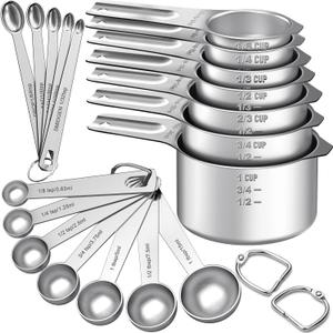 EWFEN Measuring Cups and Spoons Set, 7 Stainless Steel Nesting Measuring Cups & 7 Spoons, 5 Mini Measuring Spoons & 2 Detachable Rings, Kitchen Gadgets for Cooking & Baking, Round