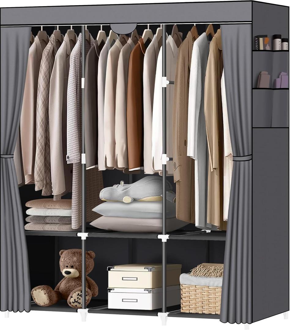 LOKEME Portable Closet, Wardrobe Closet with 3 Hanging Rods and 6 Storage Shelves and 4 Side Pockets, Gray Portable Closets for Hanging Clothes Easy to Assemble and Strong and Stable