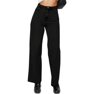 KDF Straight Leg Jeans for Women High Waisted Jeans Frayed Baggy Pants Raw Hem Loose Stretchy Cropped Wide Leg Jeans (12, #0927_black)