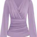 GRACE KARIN 2025 Womens Tops Fall Wrap Blouse V Neck Work Shirt Long Sleeve Dressy Casual Ruched Top Trendy Fashion Outfits (Medium, Pink Purple)