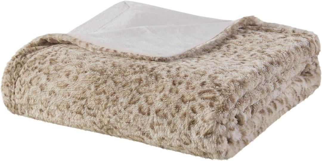 Madison Park Zuri Soft Plush Luxury Oversized Faux Fur Throw Animal Stripes Design, Faux Mink On The Reverse, Modern All Seasons Blanket for Bed, Sofa Couch, Office, Leopard, 60x70