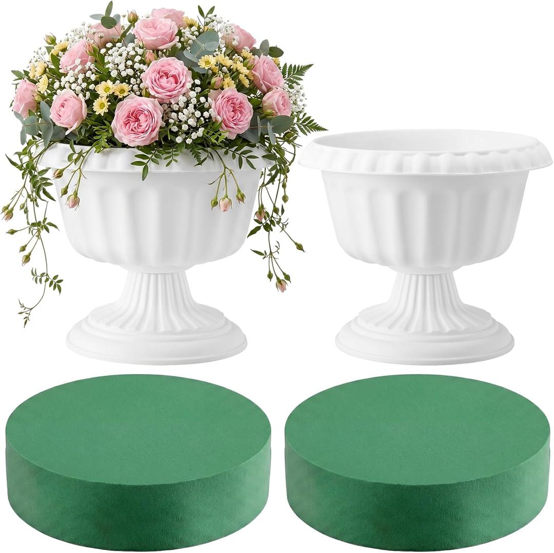 Mumufy 2 Pcs White Roman Urn Planter with 2 Pcs Floral Foam 12'' Flower Pot, 11.8 inch