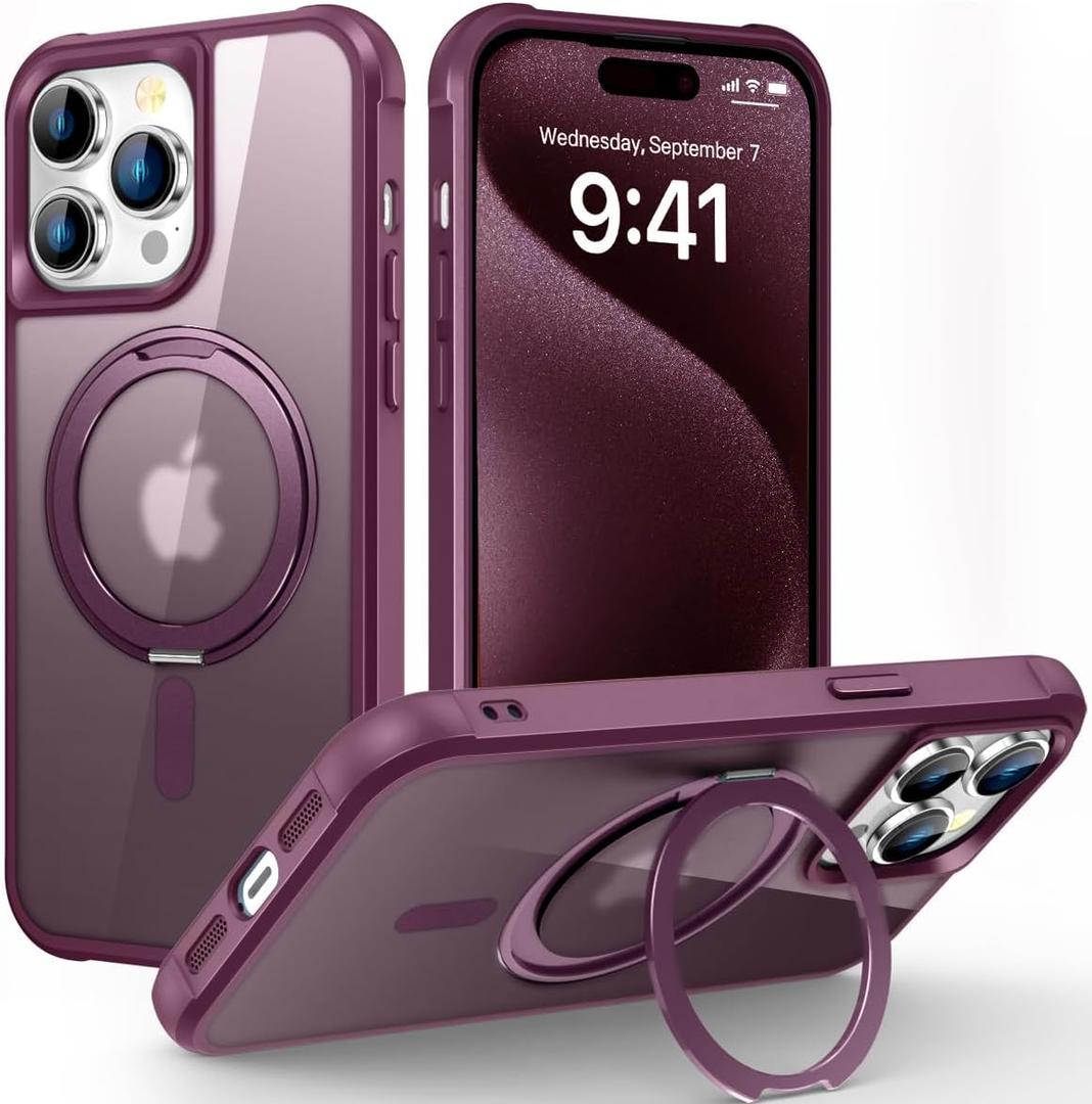 Designed for iPhone 15 Pro Case with 360 Rotatable Magnetic Ring Stand [Compatible Mag-Safe] [Military Grade Protection] Translucent Matte Phone Cases for Women Men 6.1'', Wine Red