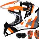 DOT Approved Youth Dirt Bike Helmet with Visor for Kids, Full Face Motocross ATV Helmet Set with Goggles & Gloves, Off-Road Motorcycle Youth BMX Go Kart Riding Gear Set XL