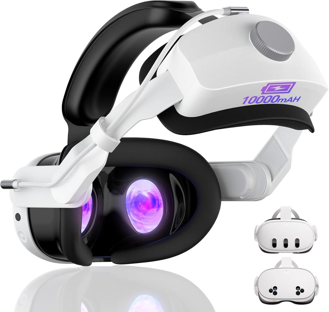 Head Strap with Battery for Meta/Oculus Quest 3/3S, 10000mAh Battery Pack for Extended 4-6 Hrs of Playtime, Fast Charging VR Power, Soft & Skin-Friendly PU Surface Enhanced Support and Balance in VR