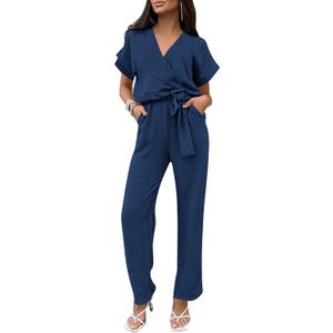 PRETTYGARDEN Women's One Piece Jumpsuits Dressy Casual Summer Short Sleeve Wrap V Neck Wide Leg Pants Romper Spring Clothes (Medium)