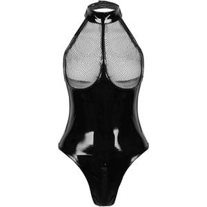 Sexy Women's Lingerie PVC Leather Mesh Bra Wetlook Halter Neck One Piece Clubwear Teddy Bodysuit (3X-Large)