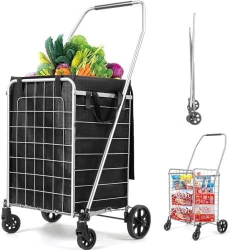 Realife Foldable Shopping Cart with Liner, Portable Utility Cart with Wheels for Grocery and Heavy Duty, 120lbs, Sliver