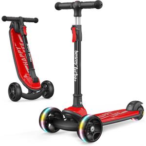 Besrey Kick Scooter for Kids Ages 3-10, 3-Wheel Folding Scooter with Adjustable Height, LED Light Wheels, Extra Wide Deck for Outdoor Activities (Red)