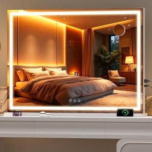 Vanity Mirror with Lights, 40" x 29" LED Makeup Mirror with 10X Magnification, Dimmable 3 Modes, Memory Function, Smart Touch, USB Charging Port, Lighted Makeup Mirror Square White