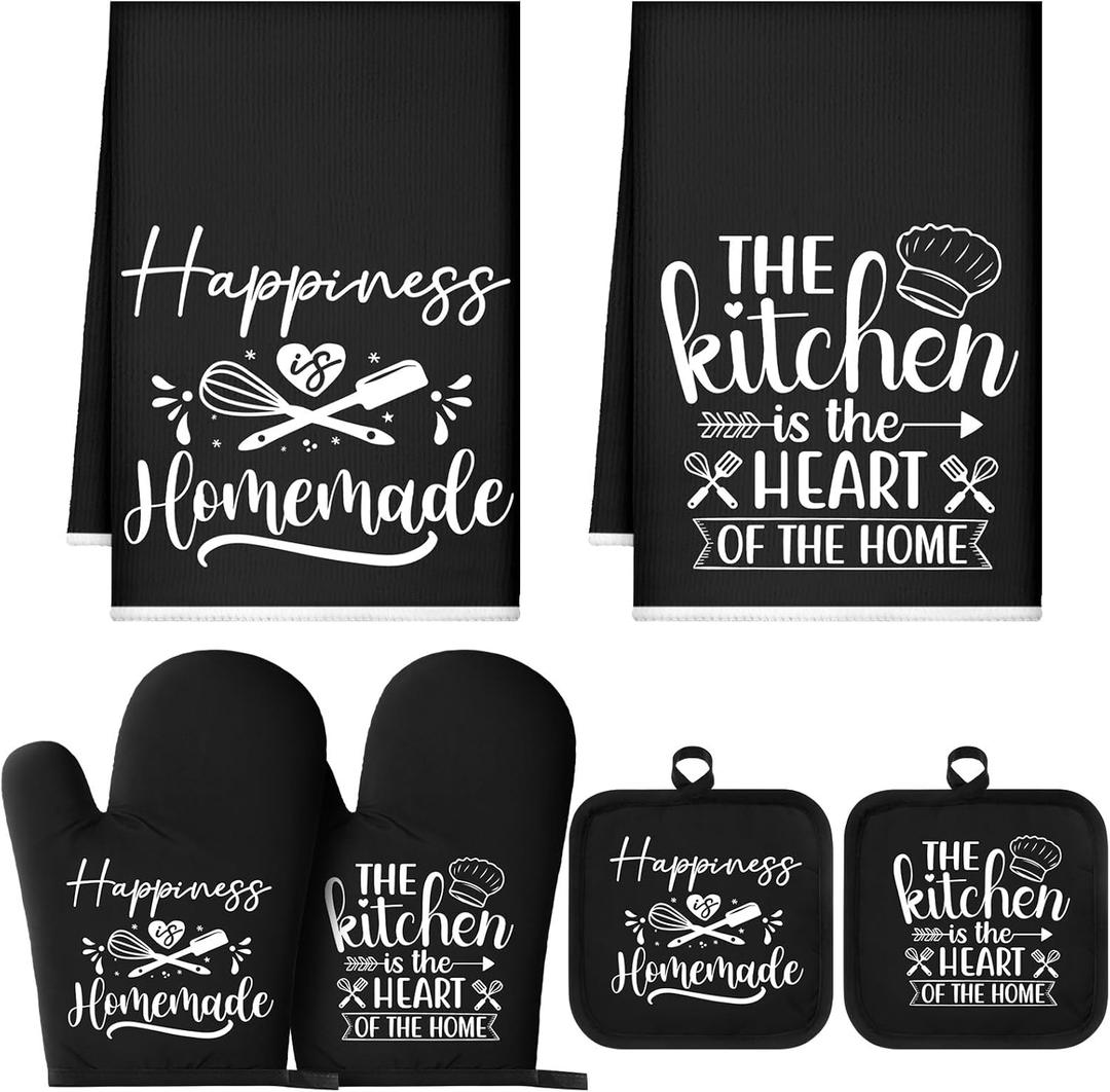 Sratte 6 Pcs Kitchen Decor Accessories Set Farmhouse Towels Pot Holders Oven Mitts Set 2 Dish Towels 2 Potholders 2 Cooking Mittens Oven Glove for Baking Cooking Supply(Black,Kitchen)