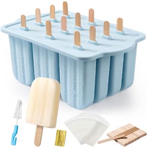 Popsicles Molds, MEETRUE 12 Pieces Silicone Popsicle Molds Easy-Release BPA-free Popsicle Maker Molds Ice Pop Molds Homemade Popsicle Ice Pop Maker with 50PCS Popsicle Sticks+Cleaning Brush (12 Cavties-Blue)