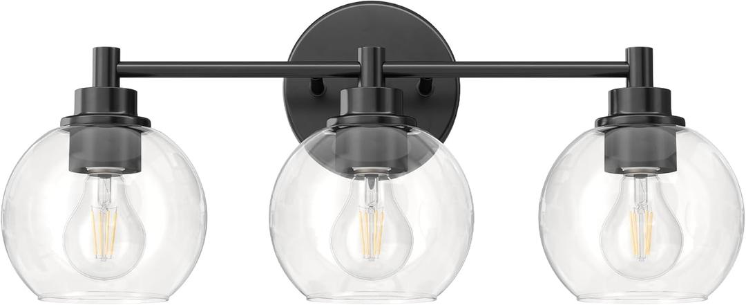 VONLUCE Bathroom Light Fixtures, 3-Light Vanity Light with Globe Glass Shades E26 Sockets, Bathroom Lights Over Mirror for Bedroom Hallway Living Room, Black Finish