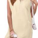 AlvaQ Womens Summer Dresses 2025 Casual Sleeveless Half Zip V Neck Tunic Sweatshirt Mini Dress with Pockets (Beige, M)