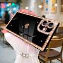 for iPhone 16 Plus Case Cute Love Heart Plating for Women, with Screen Protector, Glitter Sparkle Rhinestone Diamond Border Design Slim Rectangle Wireless Protection Case Cover, Black