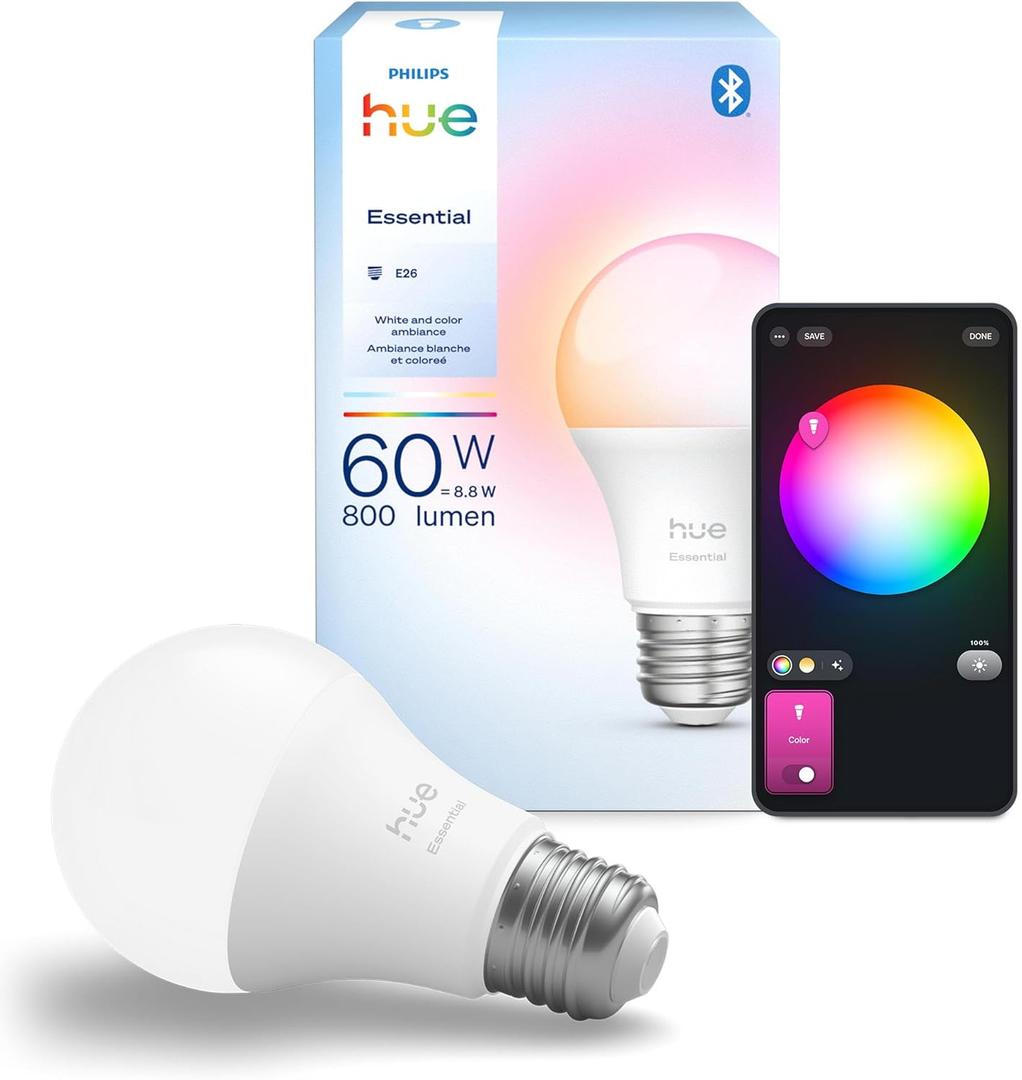 Philips Hue Essential Smart LED A19 Bulb, White and Color Ambiance, E26 Base, 8.8W, 2200K-6500K, 800 Lumens, Dimmable, Works with Alexa, Google, and Apple Home, 1-Pack