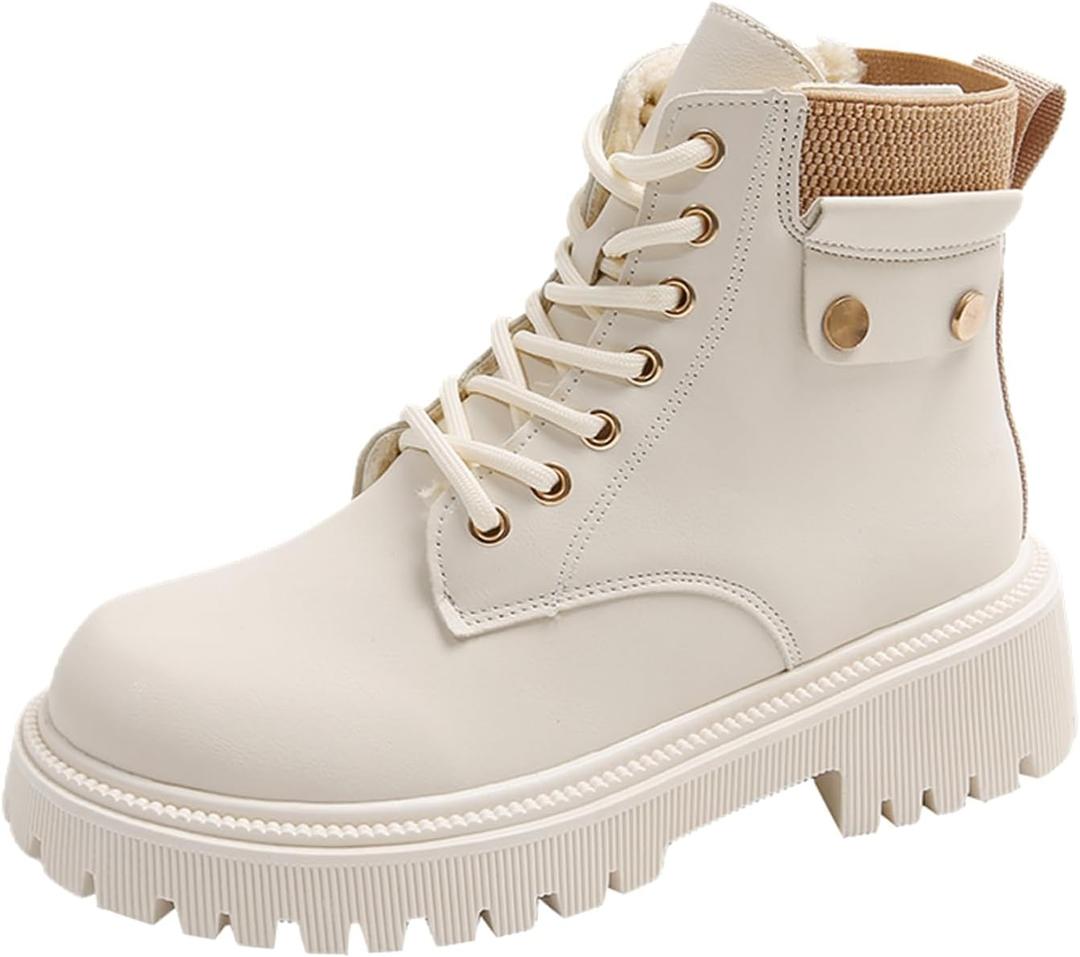 Women's Round Toe Leather High-Top Lace-Up Ankle Boots With Thick Sole And Non-Slip Side Zipper Suitable For Dating, Shopping, And Walking (White) 4.5